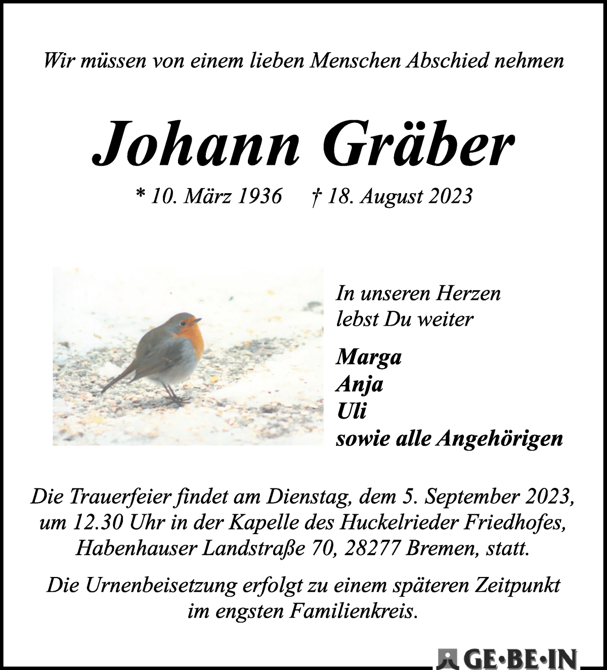 Traueranzeige von Johann Gräber von WESER-KURIER