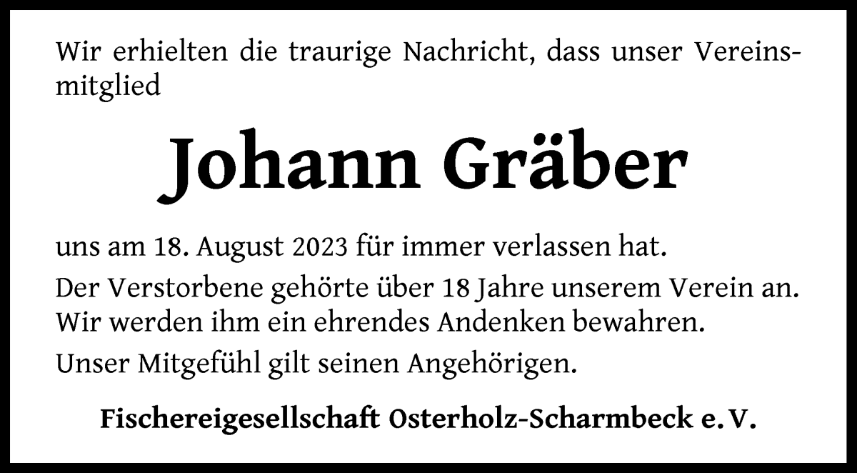Traueranzeige von Johann Gräber von Osterholzer Kreisblatt