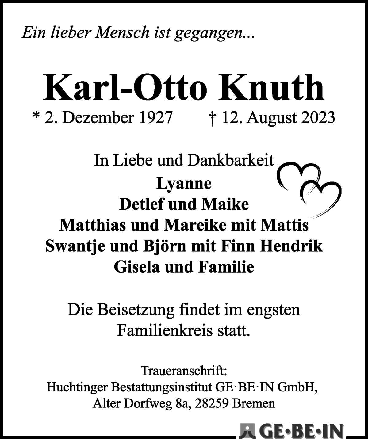 Traueranzeige von Karl-Otto Knuth von WESER-KURIER