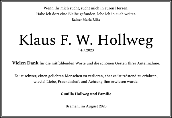 Traueranzeige von Klaus F. W. Hollweg