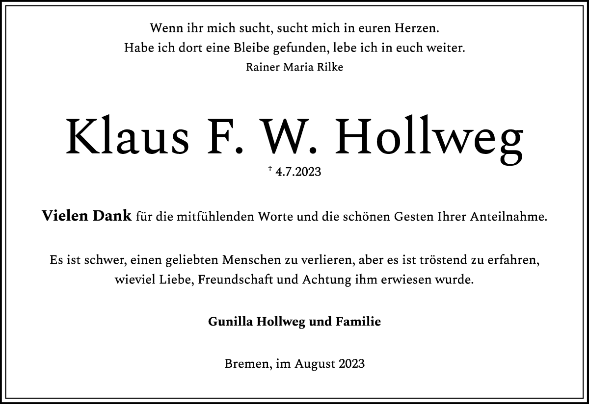 Traueranzeige von Klaus F. W. Hollweg von WESER-KURIER