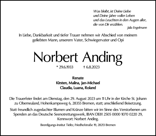 Traueranzeige von Norbert Anding