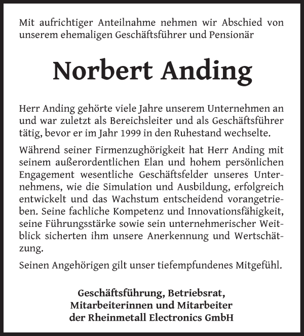 Traueranzeige von Norbert Anding
