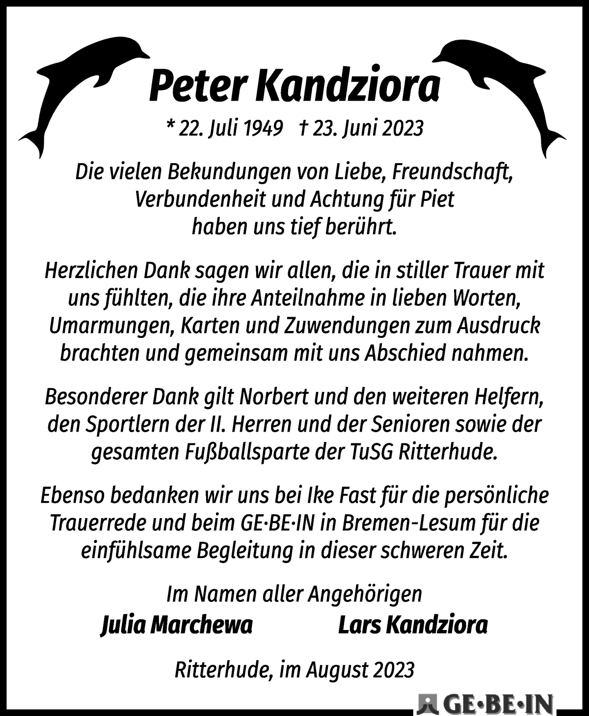  Traueranzeige für Peter Kandziora vom 05.08.2023 aus Osterholzer Kreisblatt