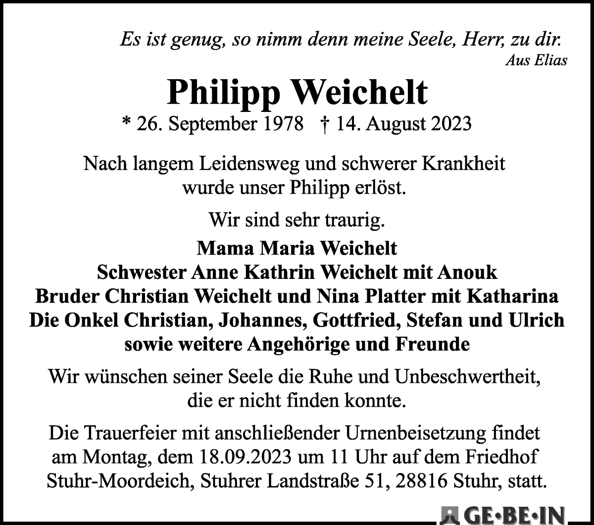 Traueranzeige von Philipp Weichelt von WESER-KURIER