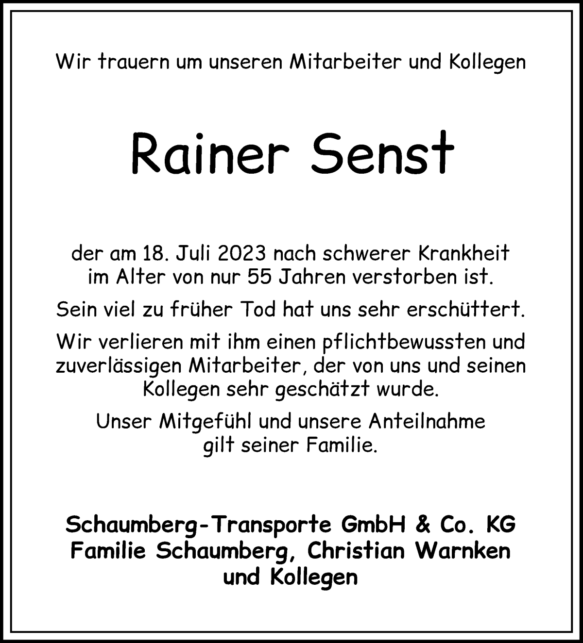 Traueranzeige von Rainer Senst von Wuemme Zeitung