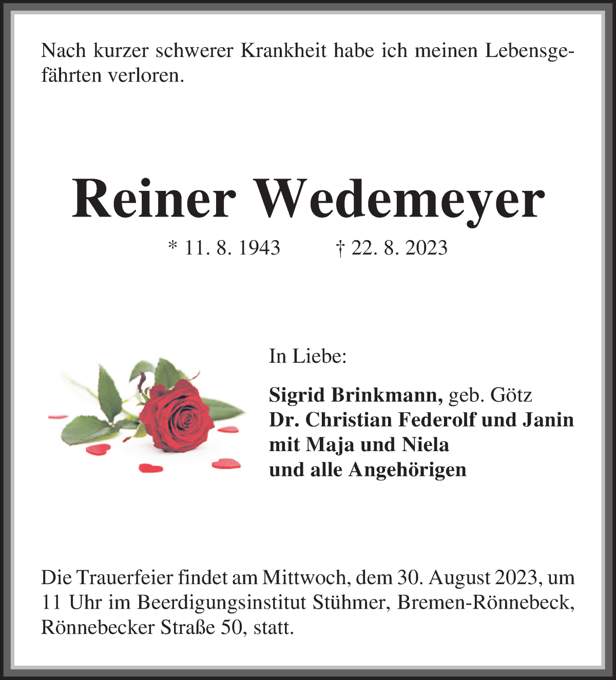  Traueranzeige für Reiner Wedemeyer vom 26.08.2023 aus Die Norddeutsche