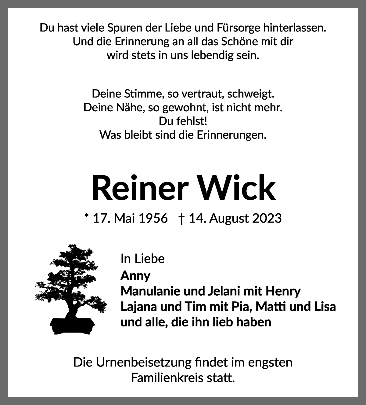  Traueranzeige für Reiner Wick vom 19.08.2023 aus WESER-KURIER