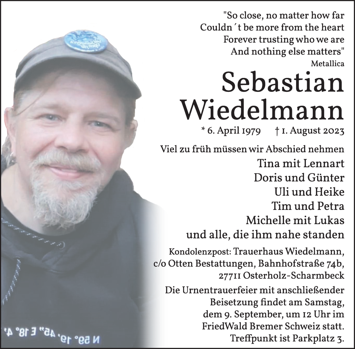  Traueranzeige für Sebastian Wiedelmann vom 19.08.2023 aus Osterholzer Kreisblatt