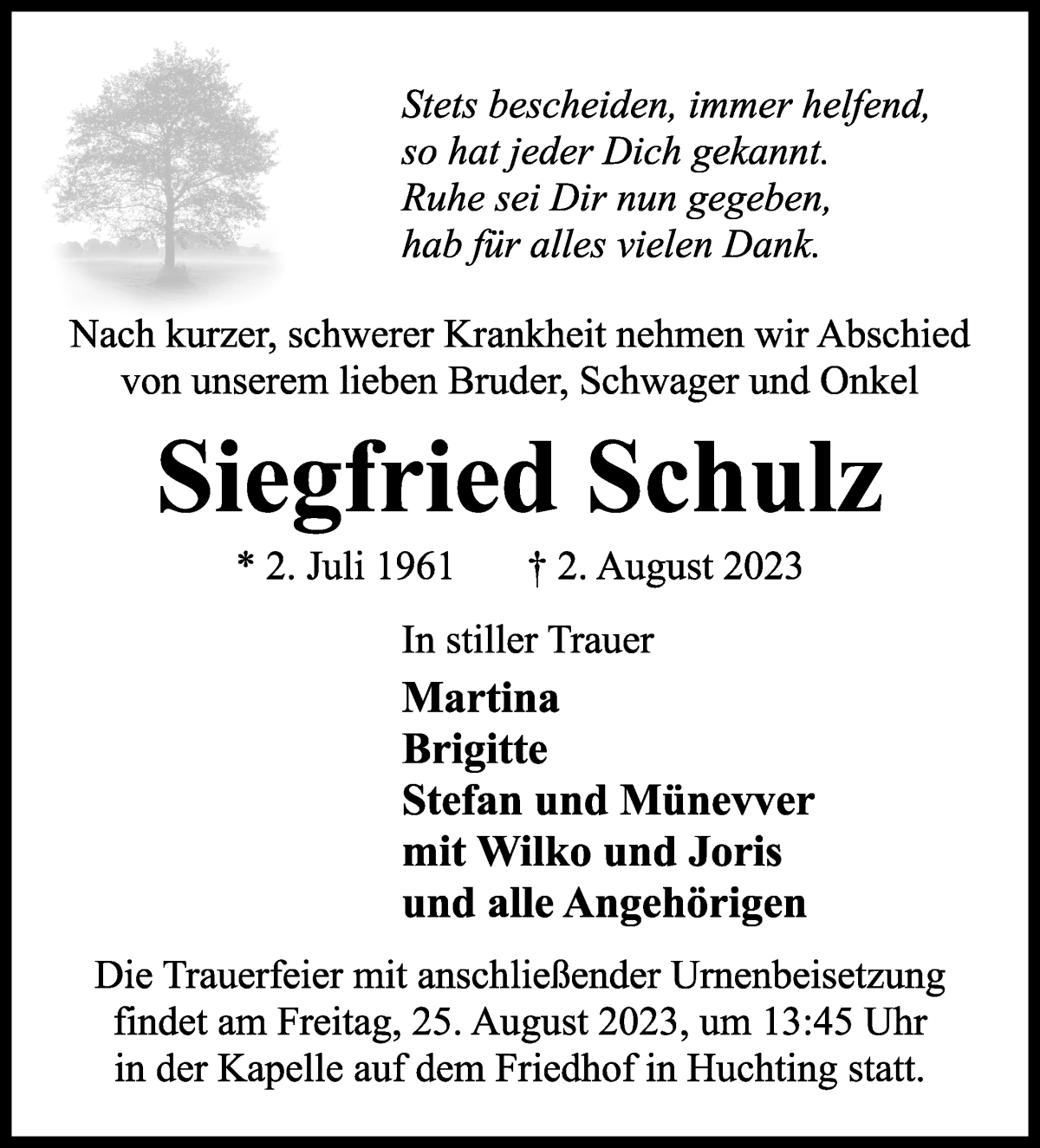 Traueranzeige von Siegfried Schulz von WESER-KURIER