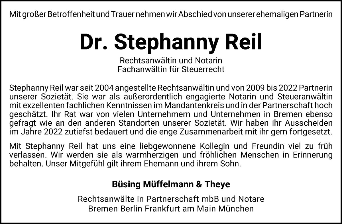  Traueranzeige für Stephanny Reil vom 26.08.2023 aus WESER-KURIER