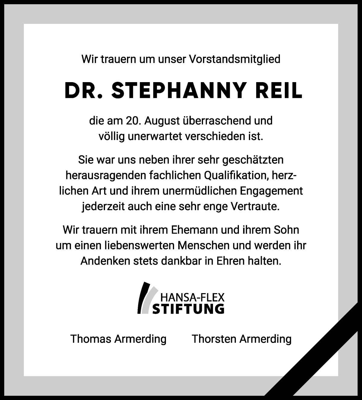  Traueranzeige für Stephanny Reil vom 26.08.2023 aus WESER-KURIER