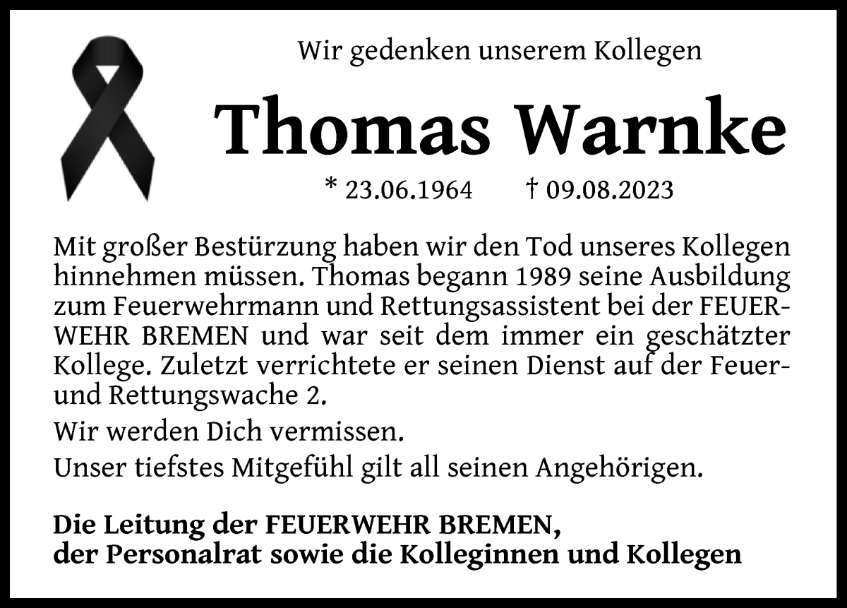  Traueranzeige für Thomas Warnke vom 16.08.2023 aus WESER-KURIER