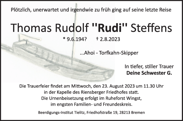 Traueranzeige von Thomas Rudolf Rudi Steffens