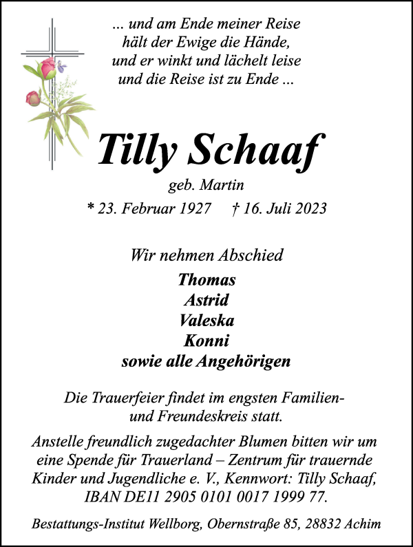 Traueranzeige von Tilly Schaaf