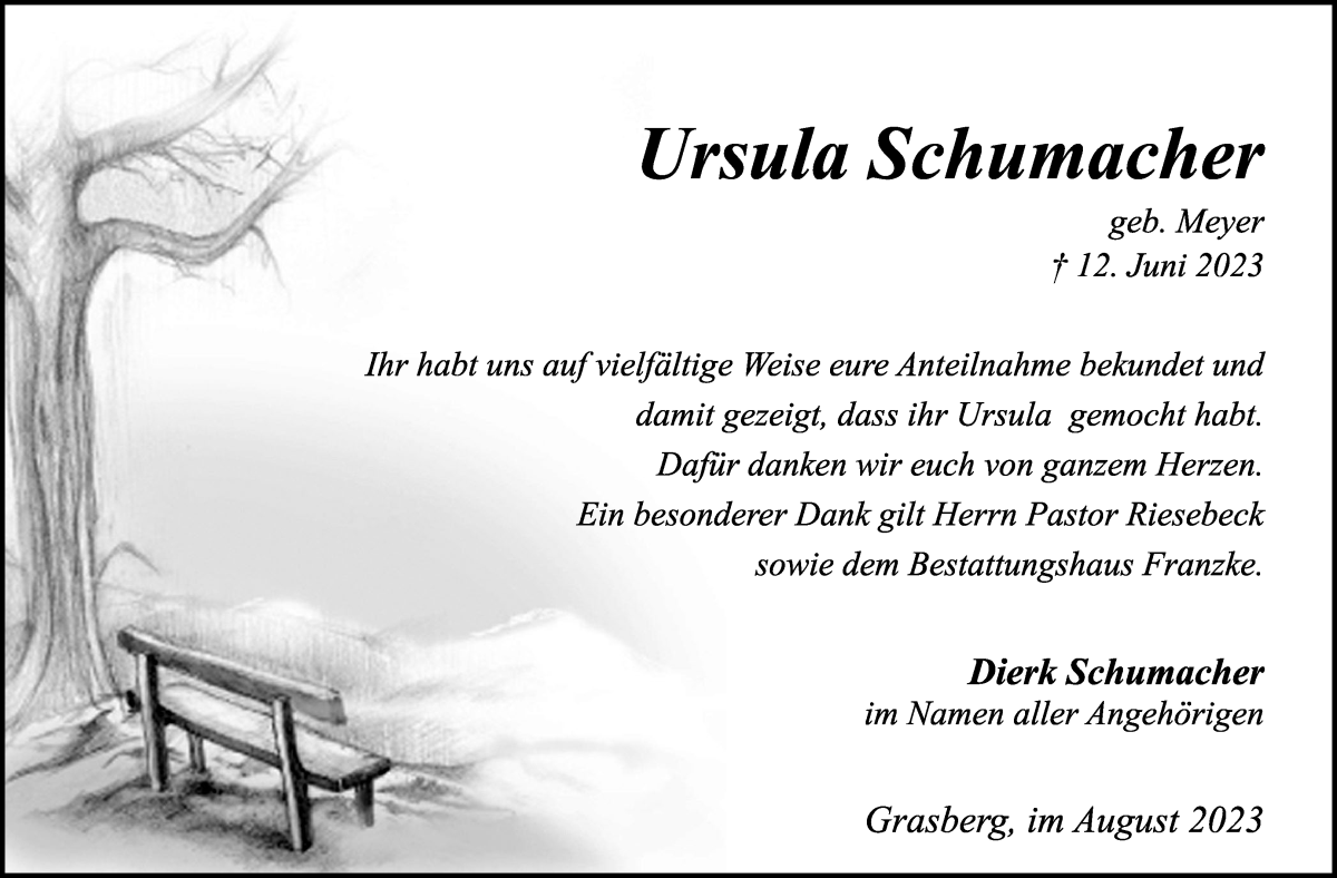 Traueranzeige von Ursula Schumacher von Wuemme Zeitung