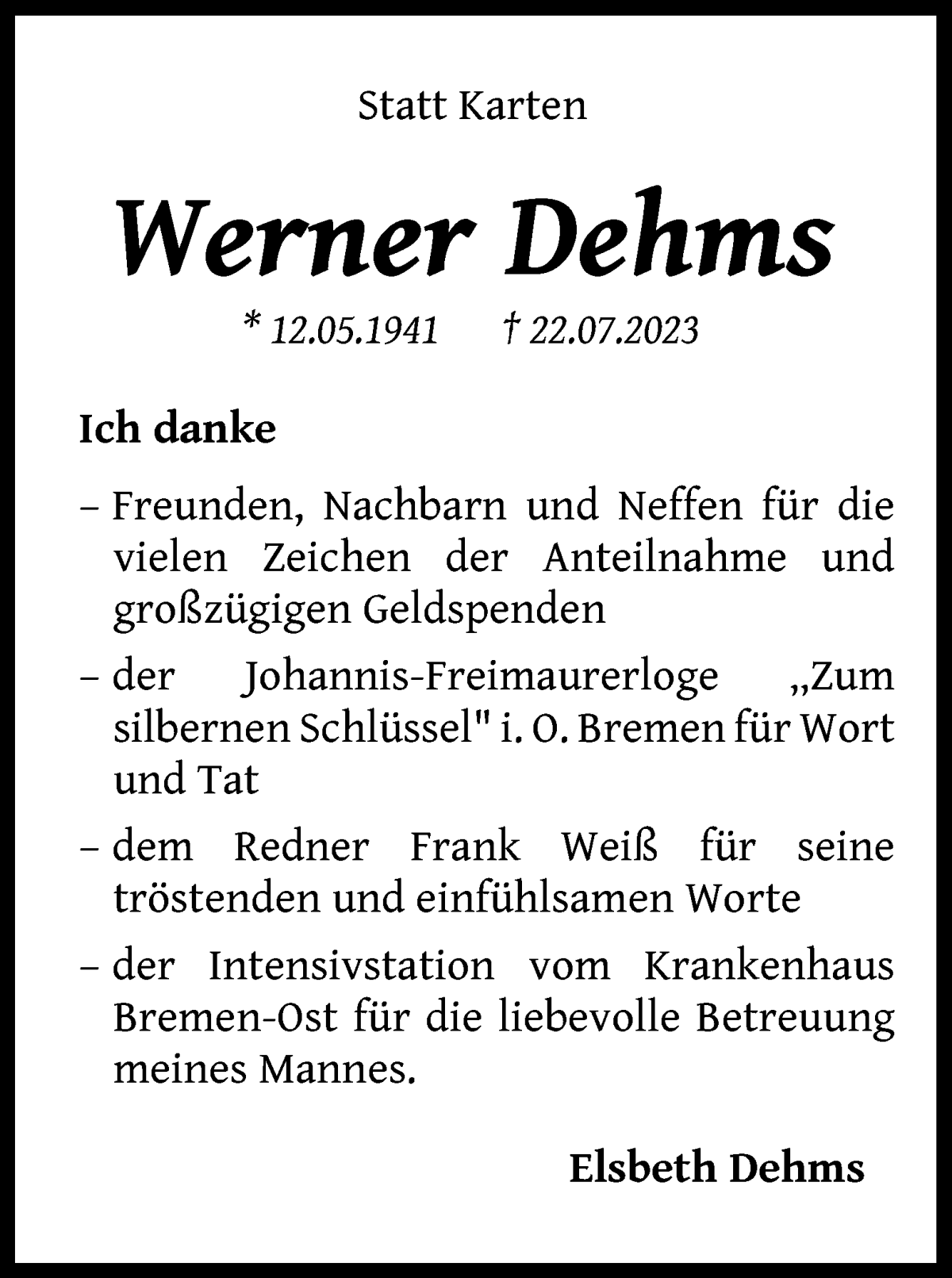 Traueranzeige von Werner Dehms von WESER-KURIER