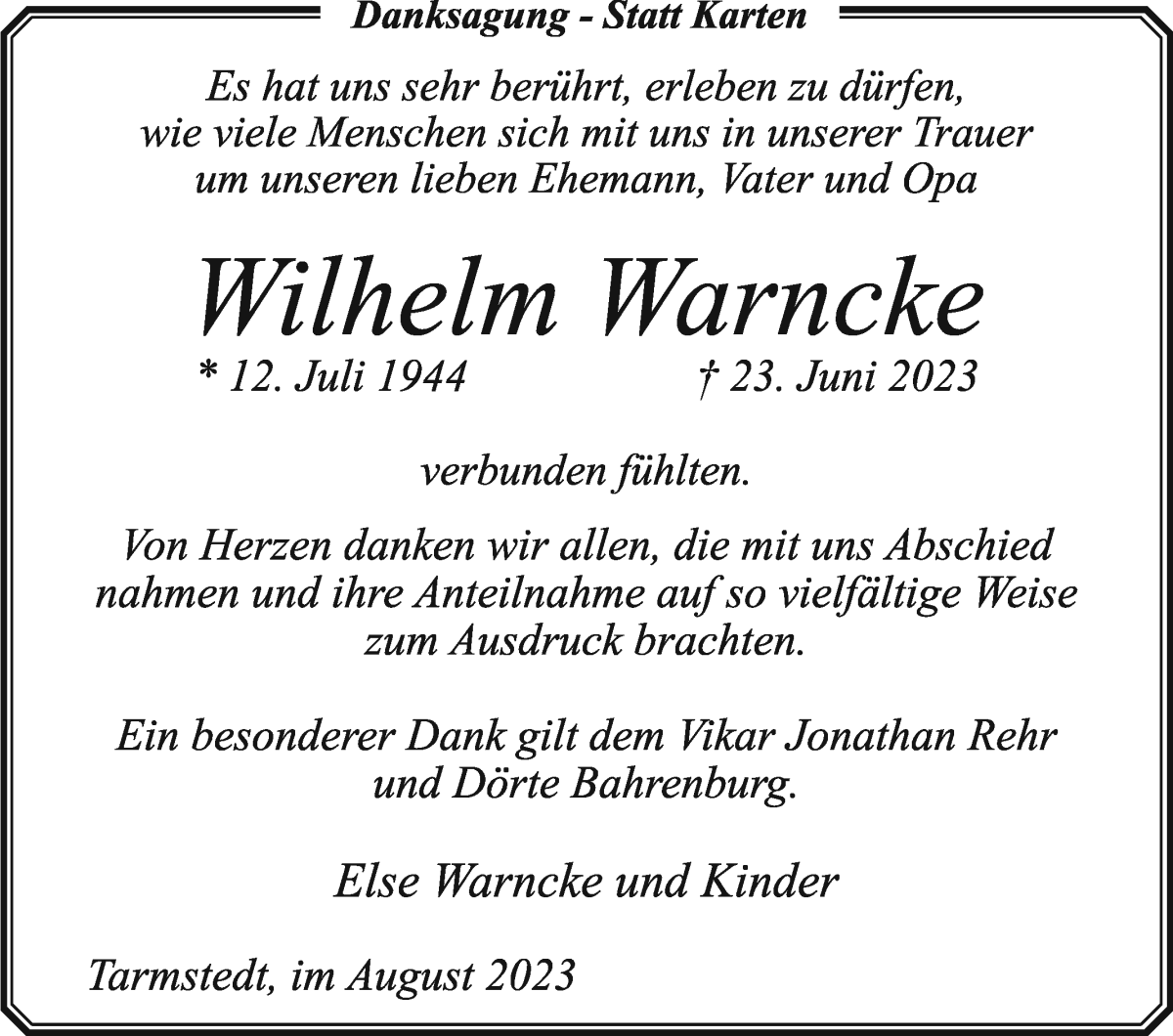 Traueranzeige von Wilhelm Warncke von Wuemme Zeitung