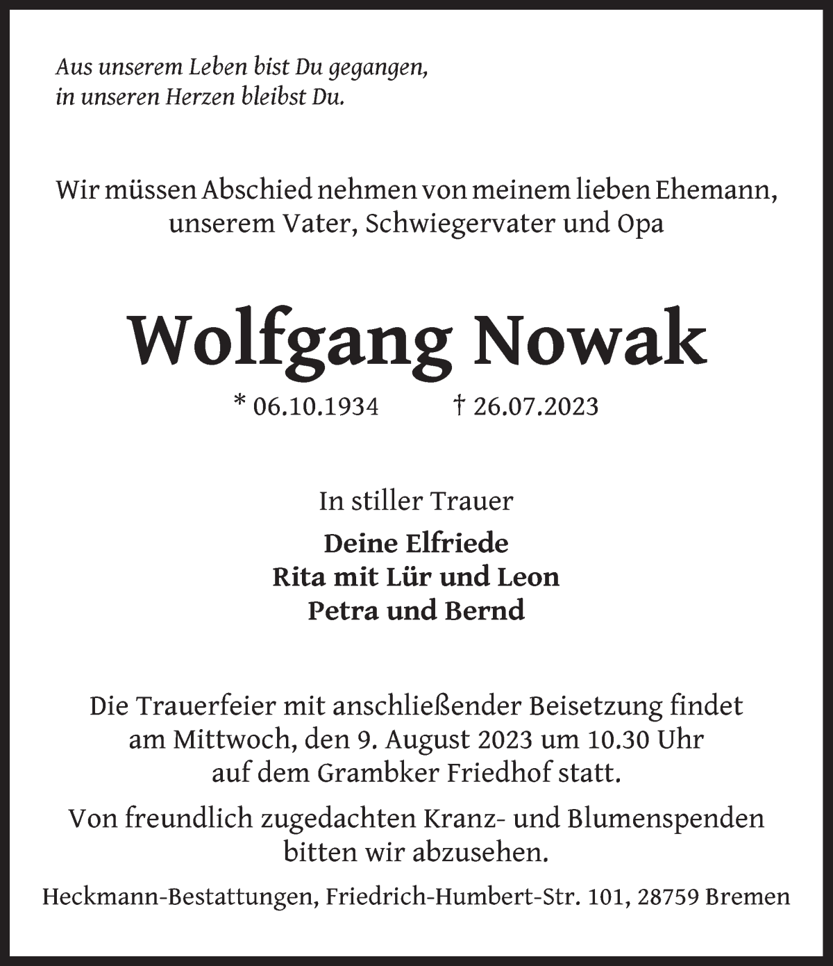 Traueranzeige von Wolfgang Nowak von WESER-KURIER
