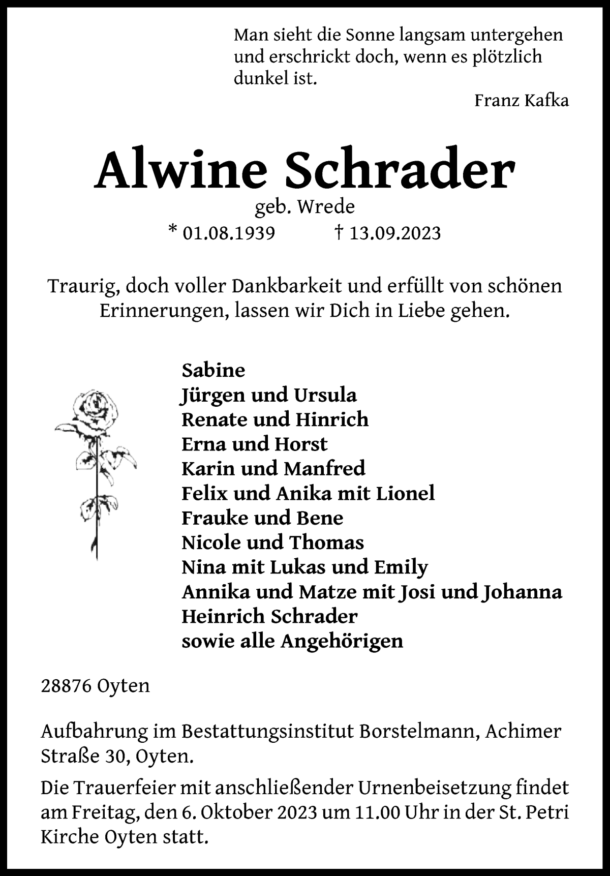  Traueranzeige für Alwine Schrader vom 16.09.2023 aus Achimer Kurier/Verdener Nachrichten