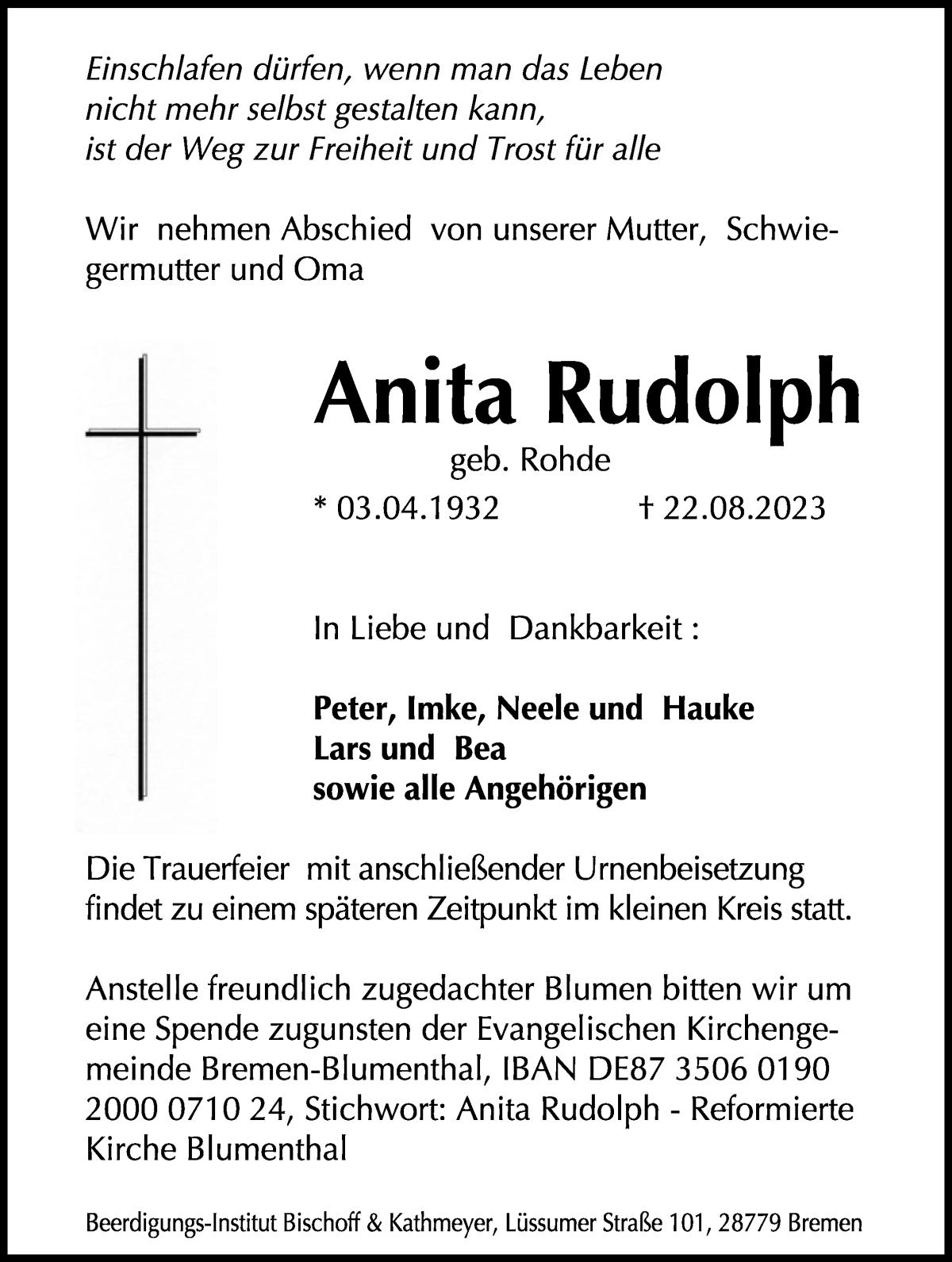  Traueranzeige für Anita Rudolph vom 02.09.2023 aus Die Norddeutsche