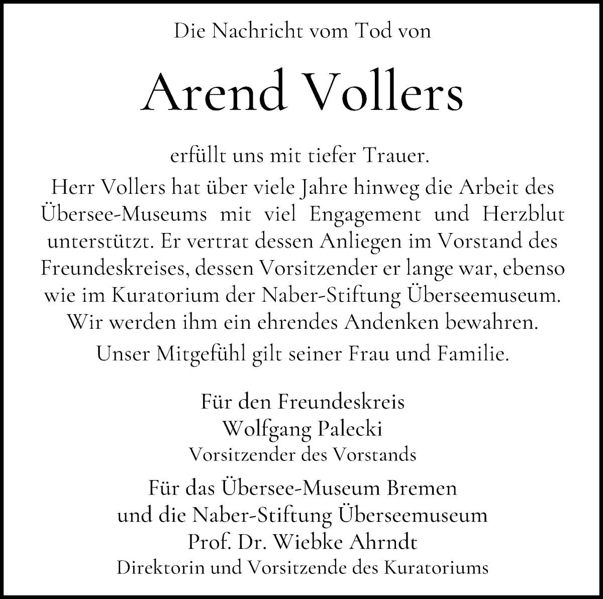 Traueranzeige für Arend Vollers vom 09.09.2023 aus WESER-KURIER