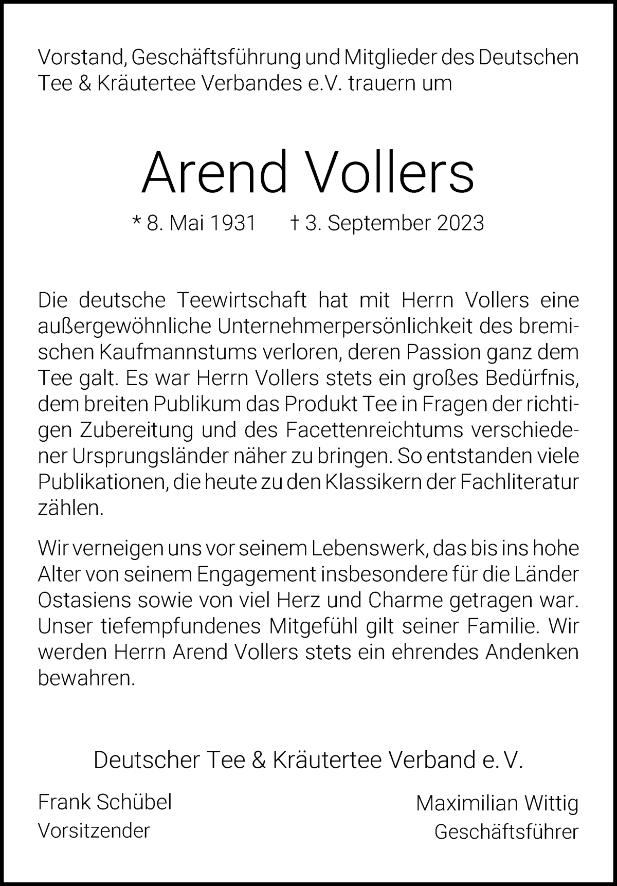 Traueranzeige für Arend Vollers vom 09.09.2023 aus WESER-KURIER