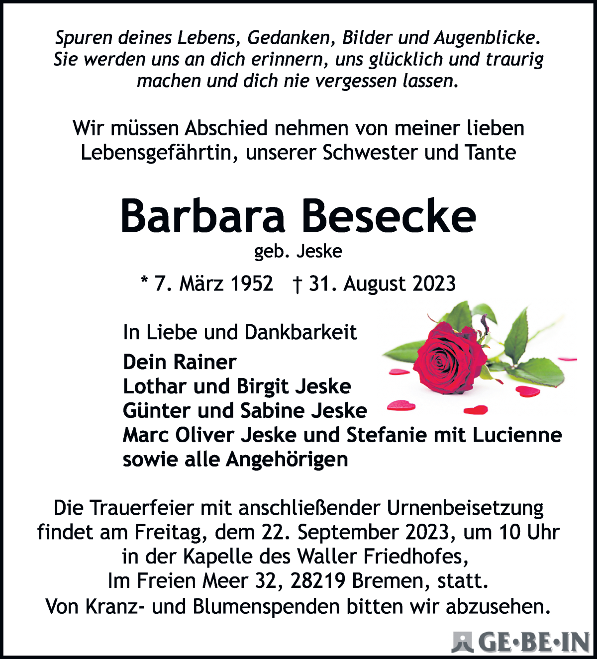  Traueranzeige für Barbara Besecke vom 09.09.2023 aus WESER-KURIER