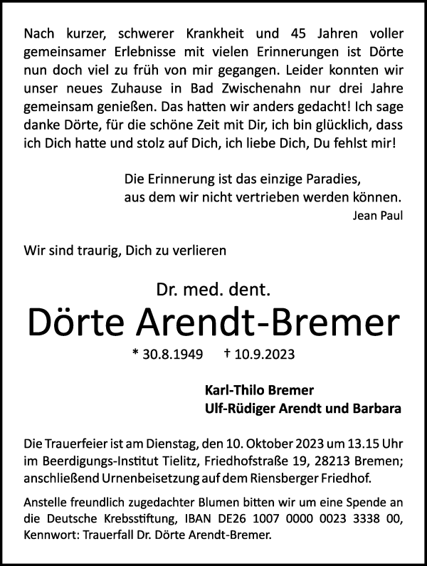 Traueranzeige von Dörte Arendt-Bremer