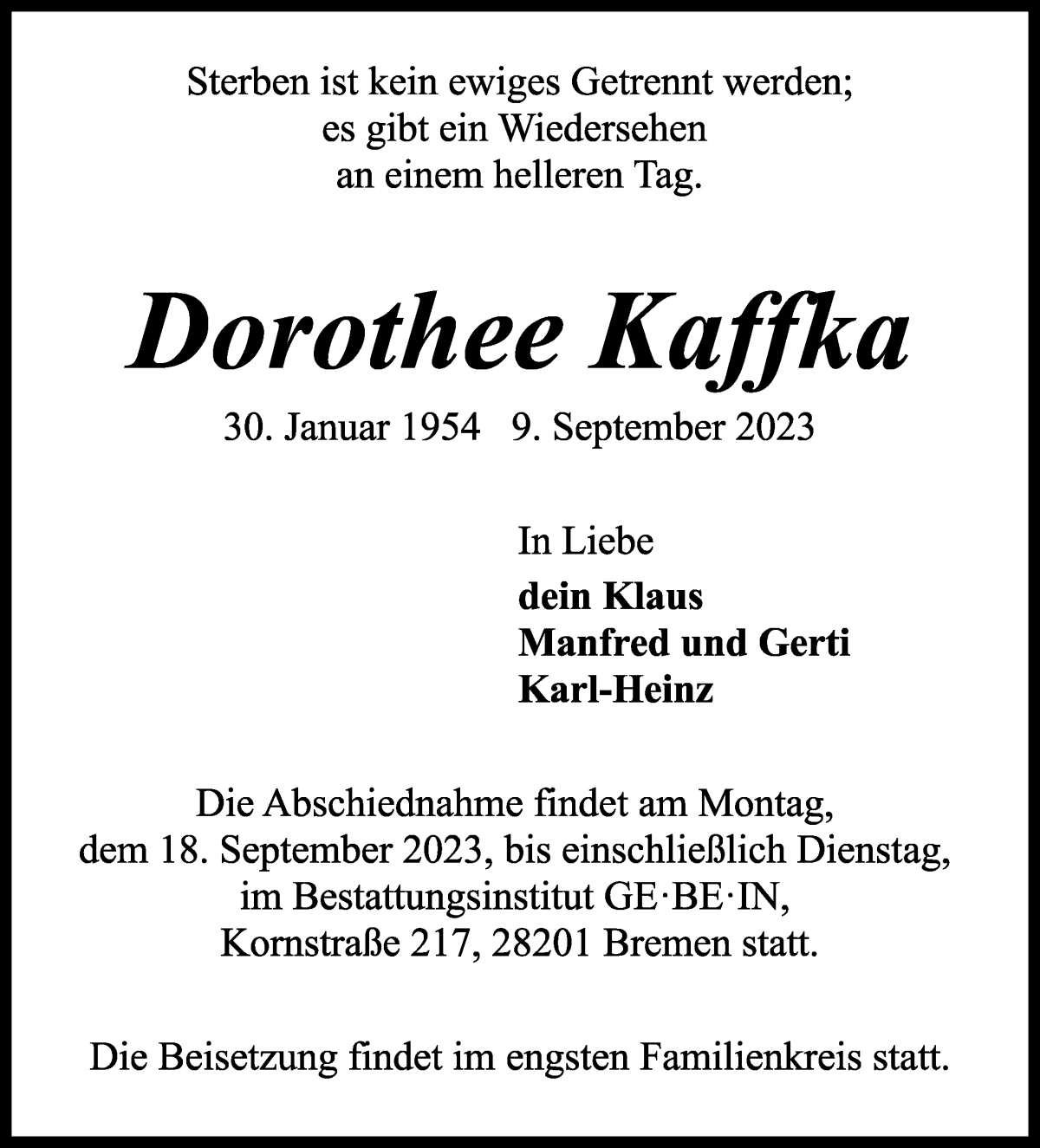  Traueranzeige für Dorothee Kaffka vom 16.09.2023 aus WESER-KURIER