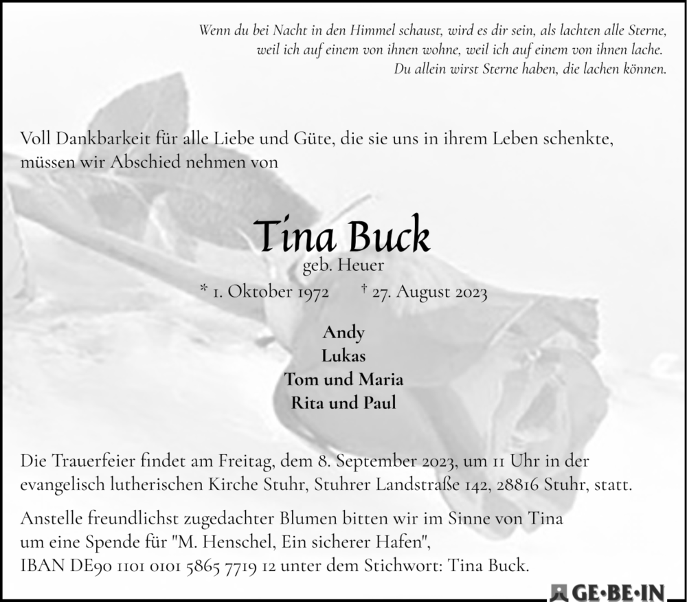 Traueranzeige von Tina Buck von WESER-KURIER