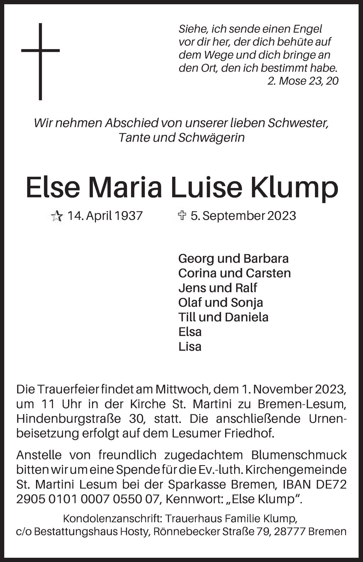 Traueranzeige von Else Maria Luise Klump von Die Norddeutsche