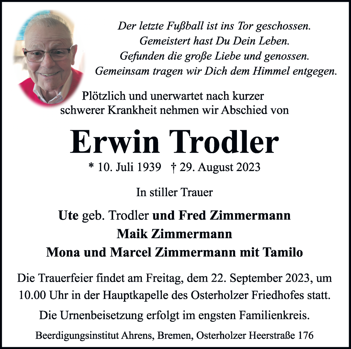  Traueranzeige für Erwin Trodler vom 09.09.2023 aus WESER-KURIER