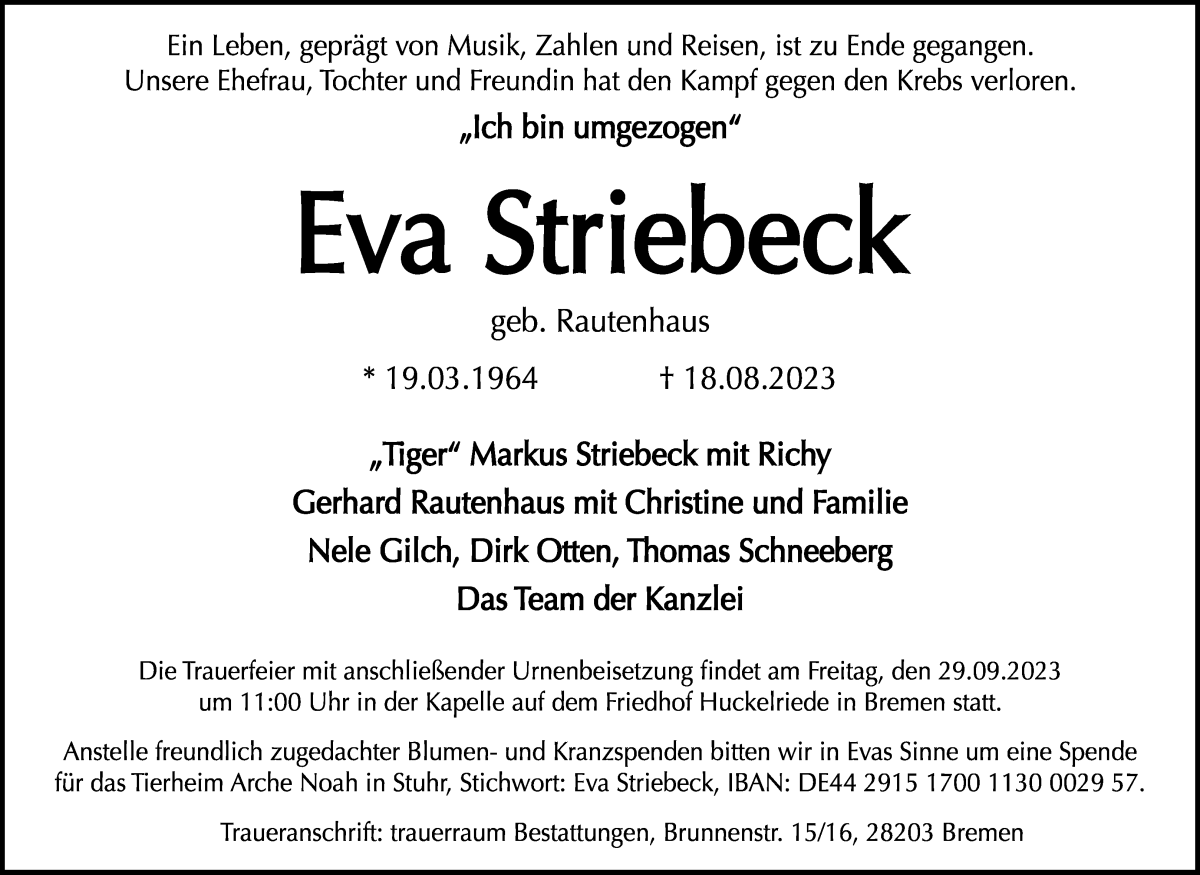  Traueranzeige für Eva Striebeck vom 16.09.2023 aus WESER-KURIER