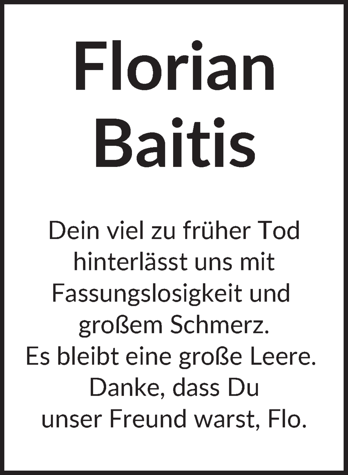  Traueranzeige für Florian Baitis vom 02.09.2023 aus WESER-KURIER