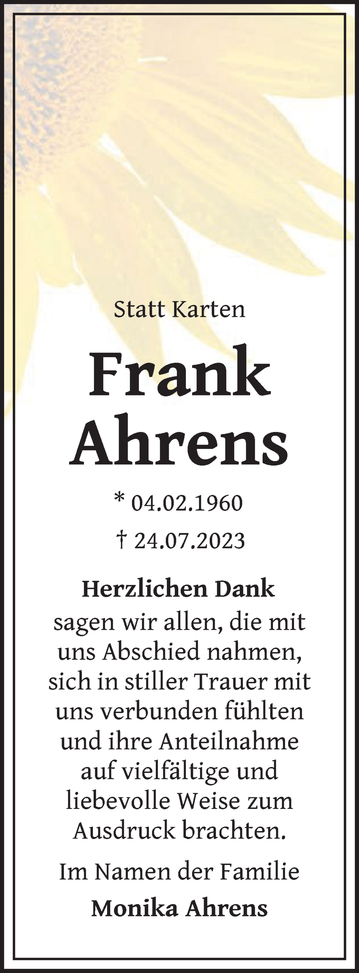  Traueranzeige für Frank Ahrens vom 23.09.2023 aus WESER-KURIER