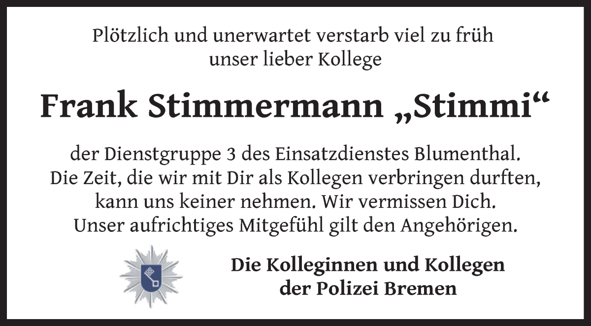 Traueranzeige von Frank Stimmermann von Die Norddeutsche