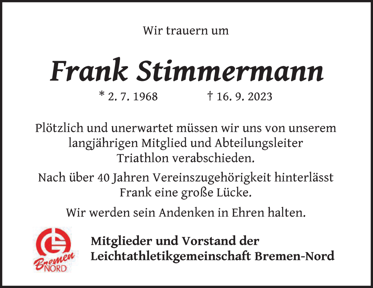 Traueranzeige von Frank Stimmermann von Die Norddeutsche