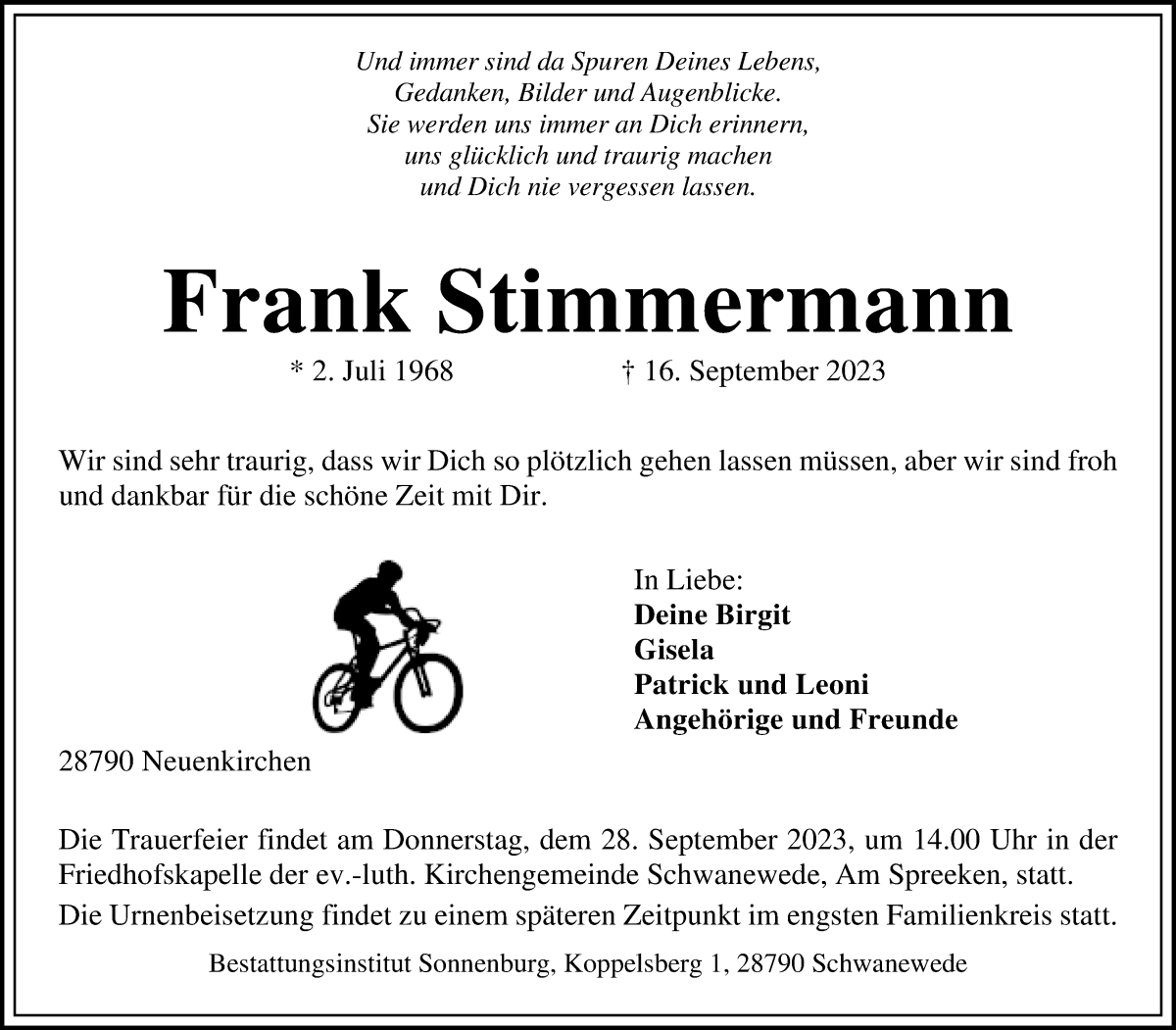 Traueranzeige von Frank Stimmermann von Die Norddeutsche