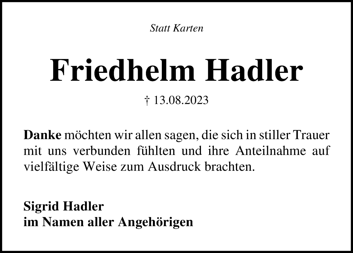 Traueranzeige von Friedhelm Hadler von WESER-KURIER