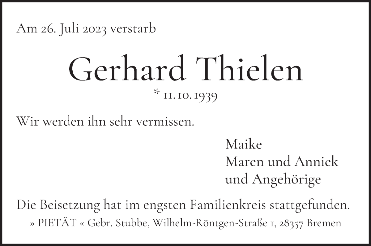 Traueranzeige von Gerhard Thielen von WESER-KURIER