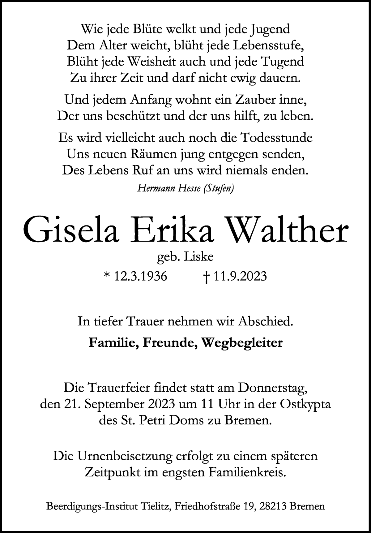  Traueranzeige für Gisela Erika Walther vom 16.09.2023 aus WESER-KURIER