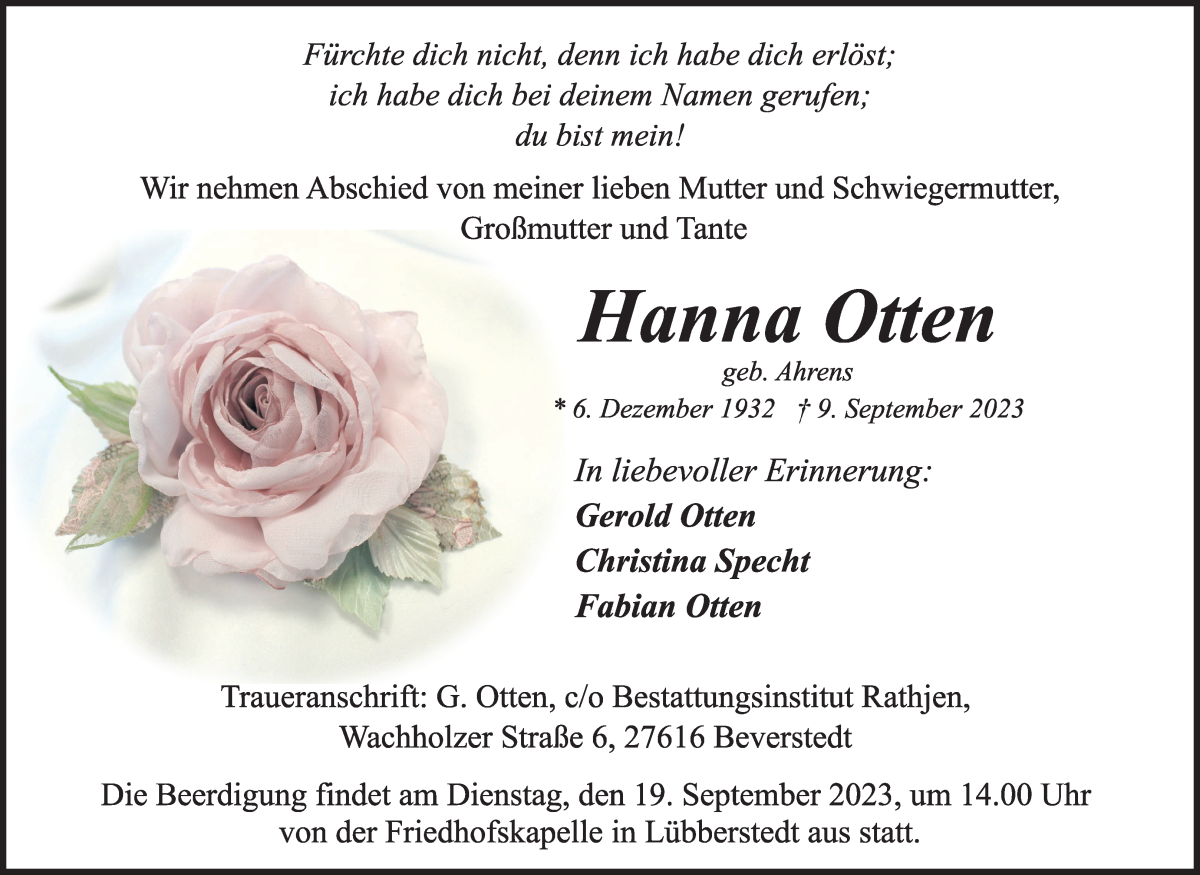  Traueranzeige für Hanna Otten vom 14.09.2023 aus Osterholzer Kreisblatt