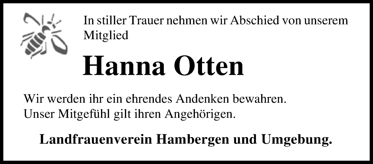  Traueranzeige für Hanna Otten vom 16.09.2023 aus Osterholzer Kreisblatt