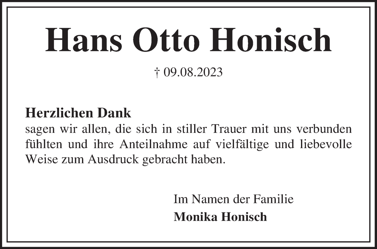 Traueranzeige von Hans Otto Honisch von Die Norddeutsche