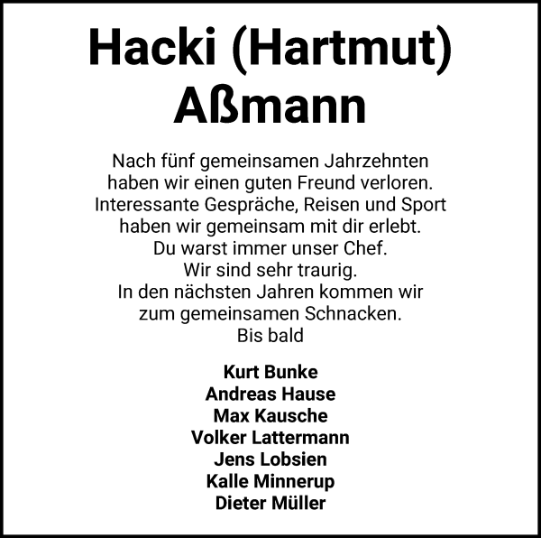 Traueranzeige von Hartmut Aßmann