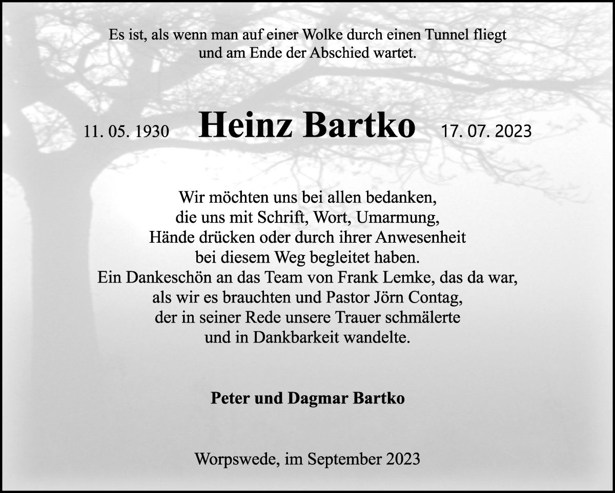 Traueranzeige von Heinz Bartko von Wuemme Zeitung