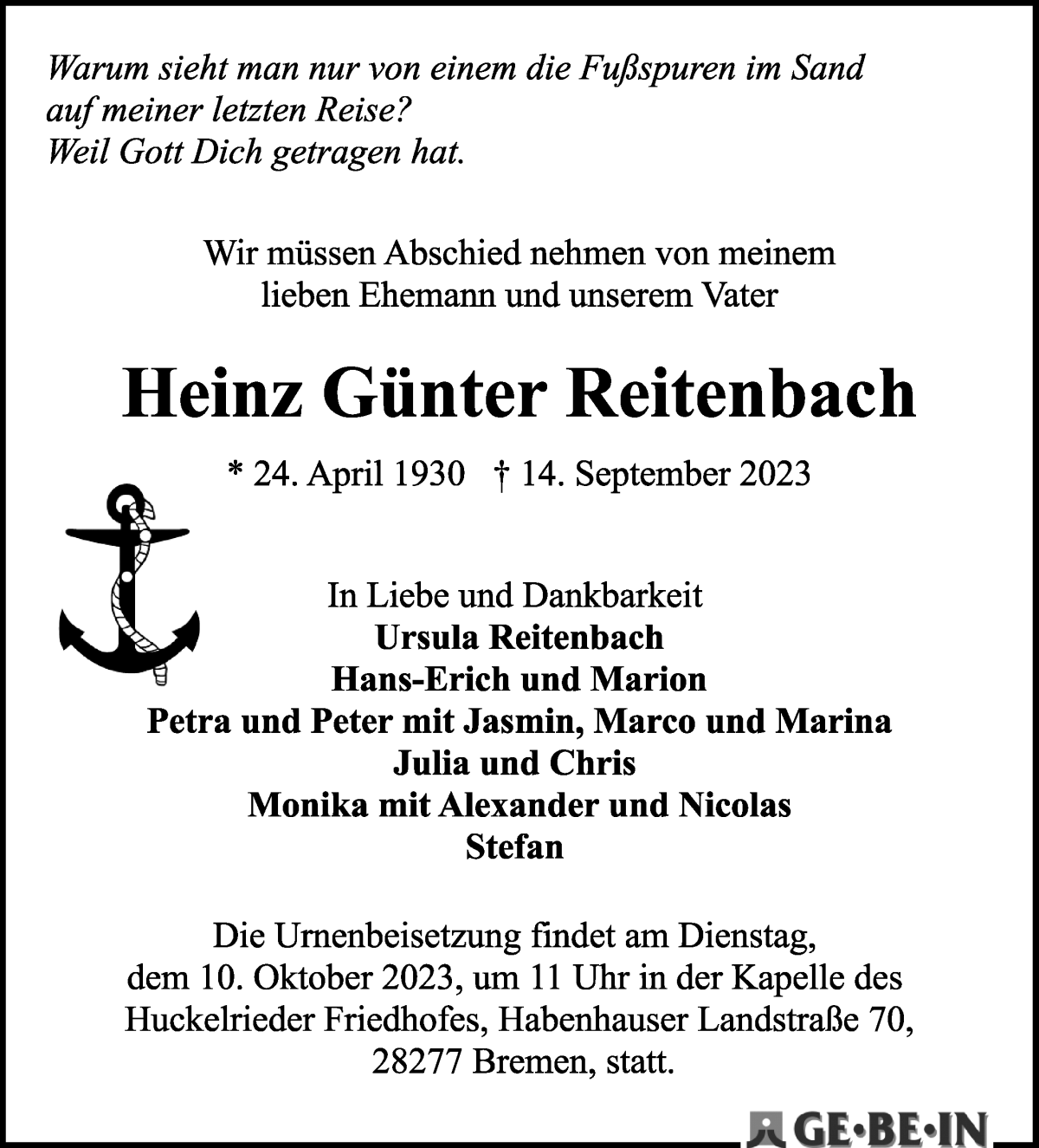 Traueranzeige von Heinz Günter Reitenbach von WESER-KURIER