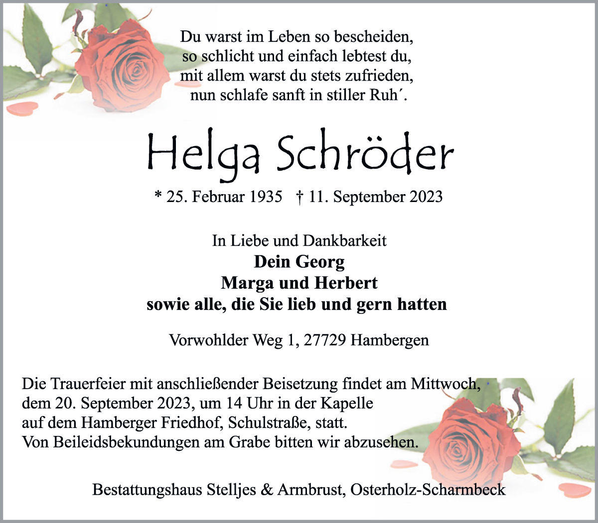  Traueranzeige für Helga Schröder vom 15.09.2023 aus Osterholzer Kreisblatt
