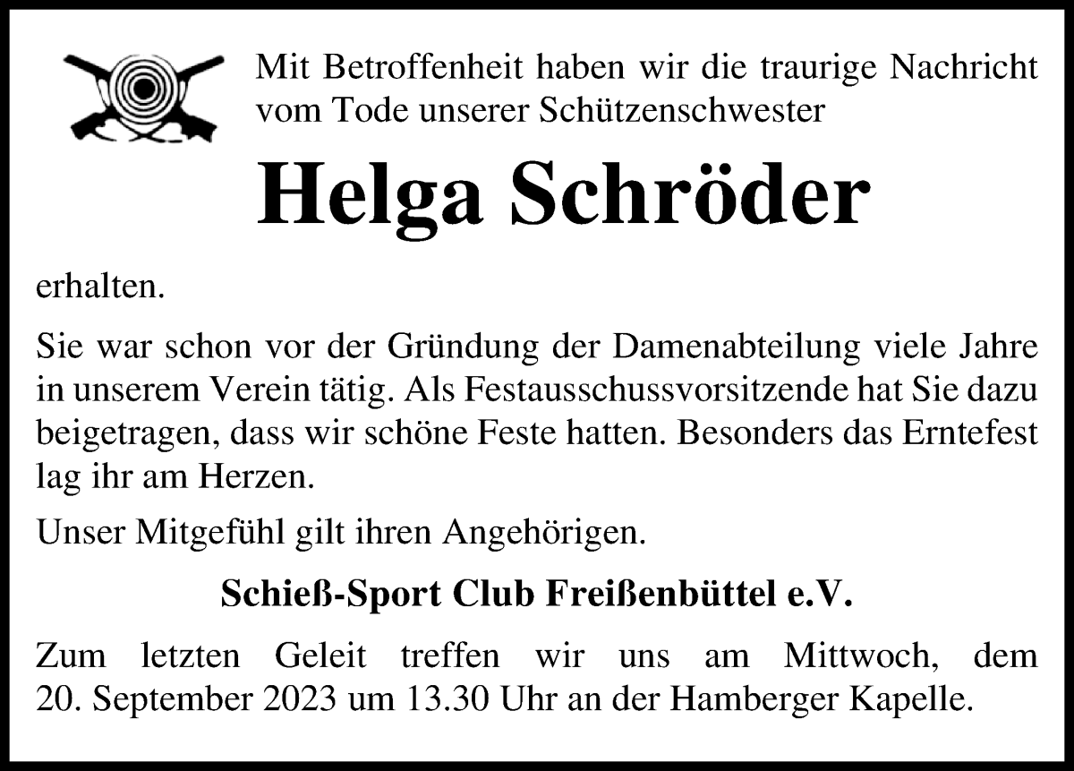  Traueranzeige für Helga Schröder vom 15.09.2023 aus Osterholzer Kreisblatt
